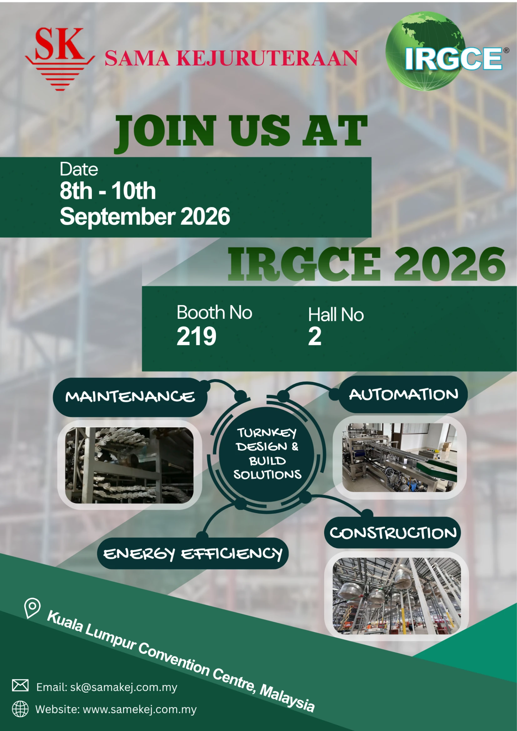 SAMA KEJURUTERAAN invitation flyer for IRGCE 2026, listing the event dates, venue, booth number, and focus areas